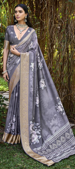 Black and Grey color Saree in Silk fabric with Floral, Printed, Weaving, Zari work