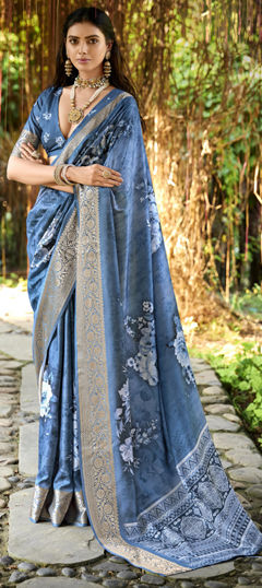 Blue color Saree in Silk fabric with Floral, Printed, Weaving, Zari work