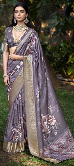 Purple and Violet color Saree in Silk fabric with Floral, Printed, Weaving, Zari work