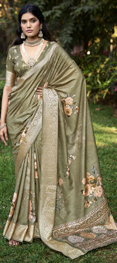 Green color Saree in Silk fabric with Floral, Printed, Weaving, Zari work