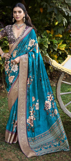 Blue color Saree in Silk fabric with Floral, Printed, Weaving, Zari work