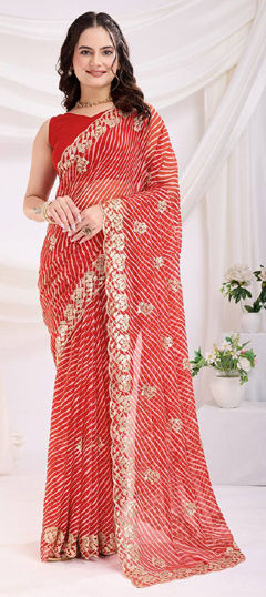 Red and Maroon color Saree in Georgette fabric with Lehariya, Printed, Sequence work