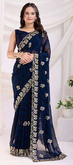 Blue color Saree in Georgette fabric with Sequence work