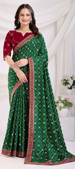 Green color Saree in Art Silk fabric with Border, Printed work