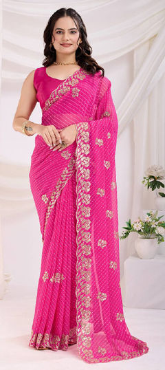 Pink and Majenta color Saree in Georgette fabric with Lehariya, Printed, Sequence work