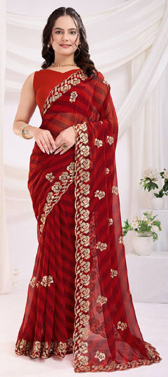 Red and Maroon color Saree in Georgette fabric with Lehariya, Printed, Sequence work