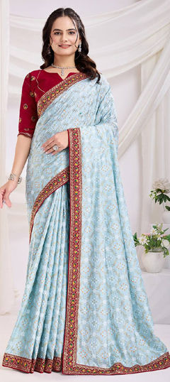 Blue color Saree in Art Silk fabric with Border, Printed work