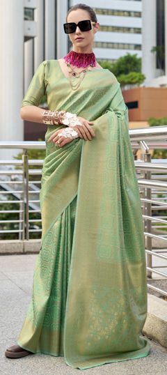 Green color Saree in Kanjeevaram Silk fabric with Weaving, Zari work