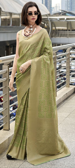 Gold, Green color Saree in Kanjeevaram Silk fabric with Weaving, Zari work