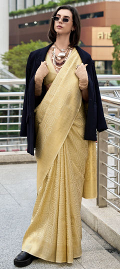 Beige and Brown color Saree in Kanjeevaram Silk fabric with Weaving, Zari work