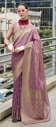 Pink and Majenta color Saree in Kanjeevaram Silk fabric with Weaving, Zari work