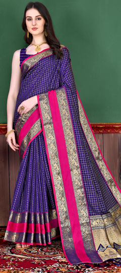 Blue color Saree in Kanjeevaram Silk fabric with Weaving, Zari work