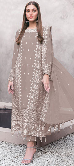 Beige and Brown color Salwar Kameez in Faux Georgette fabric with Embroidered, Resham, Thread work