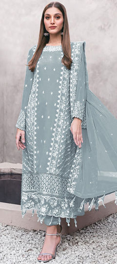 Blue color Salwar Kameez in Faux Georgette fabric with Embroidered, Resham, Thread work