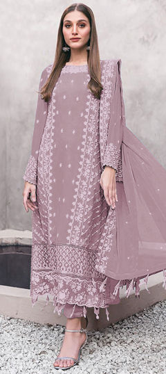 Pink and Majenta color Salwar Kameez in Faux Georgette fabric with Embroidered, Resham, Thread work