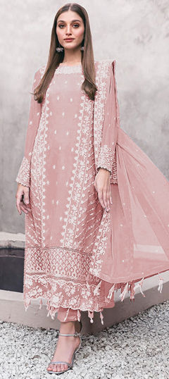 Pink and Majenta color Salwar Kameez in Faux Georgette fabric with Embroidered, Resham, Thread work