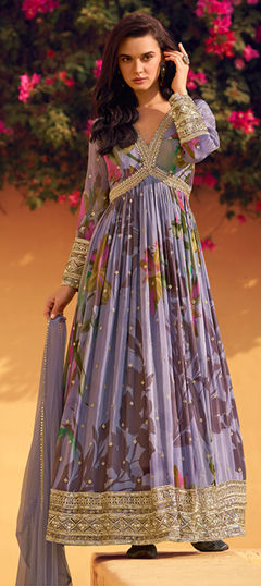 Purple and Violet color Gown in Silk fabric with Digital Print, Embroidered, Sequence work