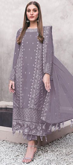 Purple and Violet color Salwar Kameez in Faux Georgette fabric with Embroidered, Resham, Thread work
