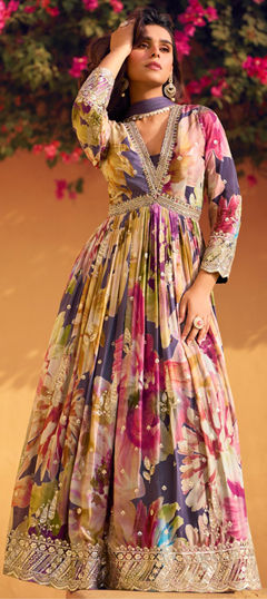 Multicolor color Gown in Silk fabric with Digital Print, Embroidered, Sequence work