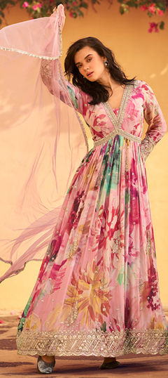 Pink and Majenta color Gown in Silk fabric with Digital Print, Embroidered, Sequence work