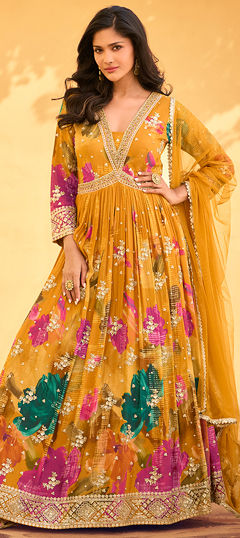 Yellow color Gown in Silk fabric with Digital Print, Embroidered, Sequence work