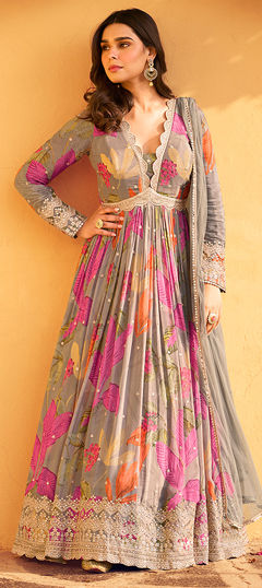 Black and Grey color Gown in Silk fabric with Digital Print, Embroidered, Sequence work