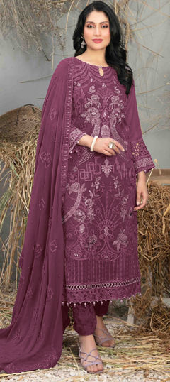 Red and Maroon color Salwar Kameez in Faux Georgette fabric with Embroidered, Lace, Resham, Sequence, Thread work
