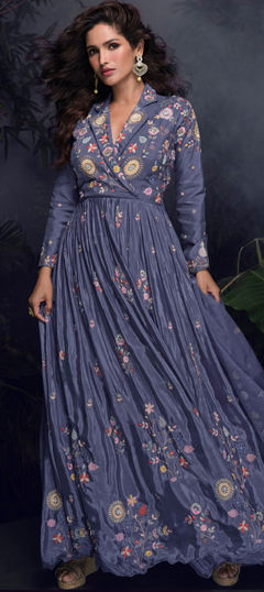 Purple and Violet color Gown in Silk fabric with Embroidered, Sequence, Thread work