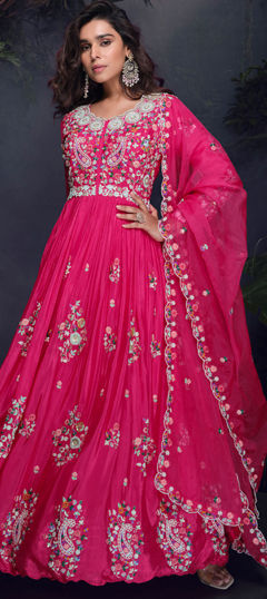 Pink and Majenta color Gown in Silk fabric with Embroidered, Sequence, Thread work