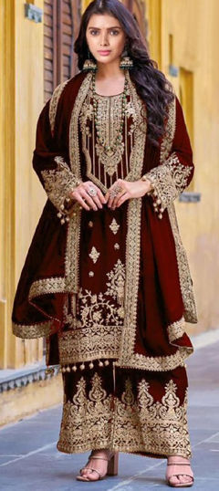 Red and Maroon color Salwar Kameez in Velvet fabric with Embroidered, Thread, Zari work