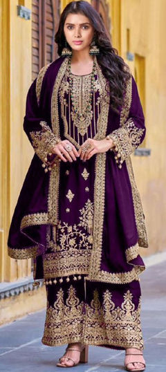 Purple and Violet color Salwar Kameez in Velvet fabric with Embroidered, Thread, Zari work