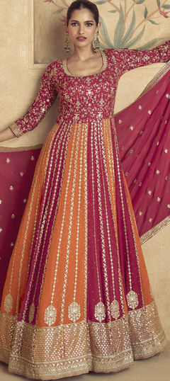 Orange, Red and Maroon color Gown in Georgette fabric with Embroidered, Sequence, Thread, Zari work