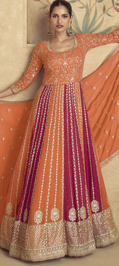 Orange, Red and Maroon color Gown in Georgette fabric with Embroidered, Sequence, Thread, Zari work