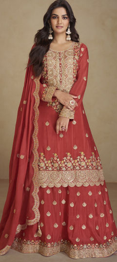 Red and Maroon color Salwar Kameez in Silk fabric with Embroidered, Resham, Sequence, Stone, Thread, Zari work