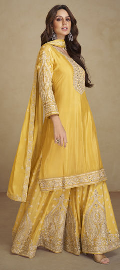 Yellow color Salwar Kameez in Silk fabric with Embroidered, Resham, Sequence, Stone, Thread, Zari work