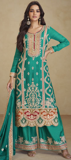 Blue color Salwar Kameez in Silk fabric with Embroidered, Resham, Sequence, Stone, Thread, Zari work