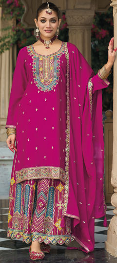 Pink and Majenta color Salwar Kameez in Silk fabric with Embroidered, Sequence, Thread, Zari work