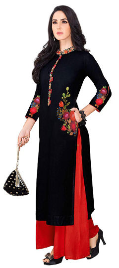 Black and Grey color Salwar Kameez in Rayon fabric with Embroidered work