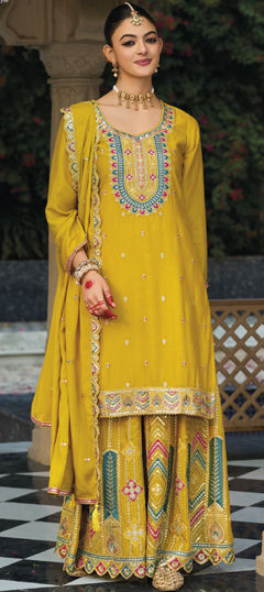 Yellow color Salwar Kameez in Silk fabric with Embroidered, Sequence, Thread, Zari work