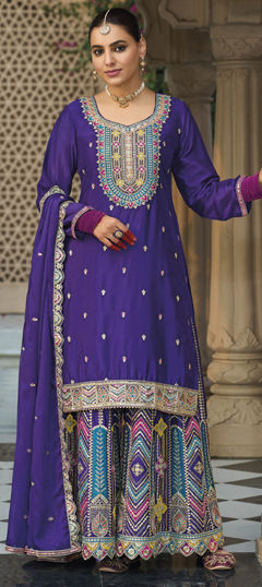 Purple and Violet color Salwar Kameez in Silk fabric with Embroidered, Sequence, Thread, Zari work