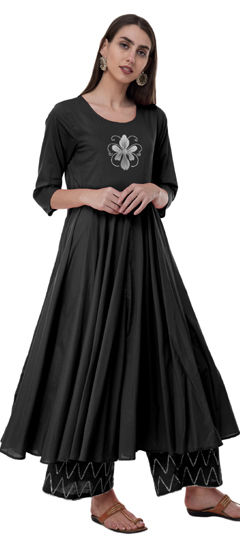Black and Grey color Salwar Kameez in Rayon fabric with Embroidered, Gota Patti work