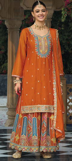 Orange color Salwar Kameez in Silk fabric with Embroidered, Sequence, Thread, Zari work