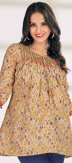 Beige and Brown color Kurti in Cotton fabric with Printed work