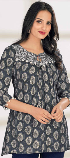 Black and Grey color Kurti in Cotton fabric with Printed work