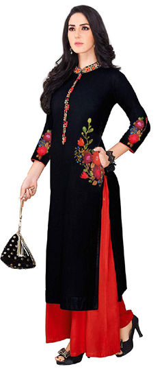 Black and Grey color Kurti in Rayon fabric with Embroidered, Thread work