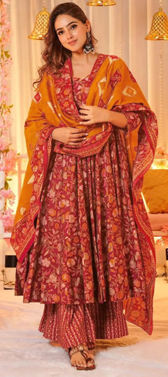 Red and Maroon color Salwar Kameez in Muslin fabric with Digital Print work