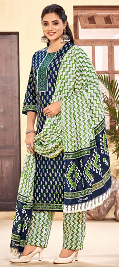 Blue color Salwar Kameez in Cotton fabric with Embroidered, Printed, Resham work