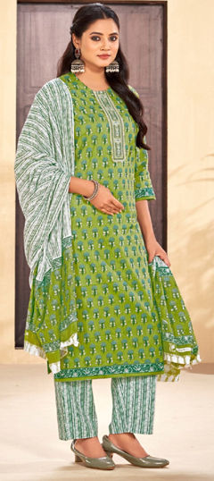 Green color Salwar Kameez in Cotton fabric with Lace, Printed, Sequence work