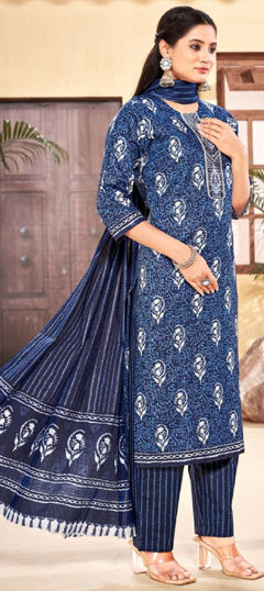 Blue color Salwar Kameez in Cotton fabric with Embroidered, Printed, Resham work