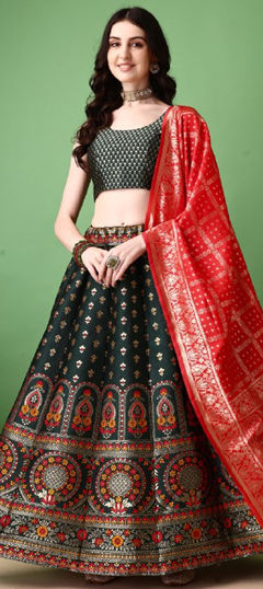 Green color Lehenga in Jacquard fabric with Weaving work